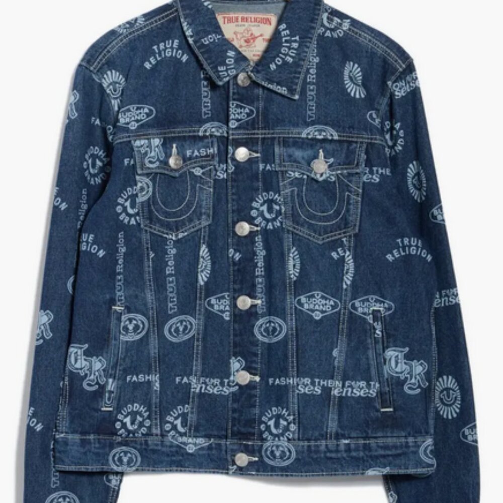 True Religion AOP Logo Denim SN Jacket Medium Rustic Barn Wash Size XL NWT - Picture 3 of 12